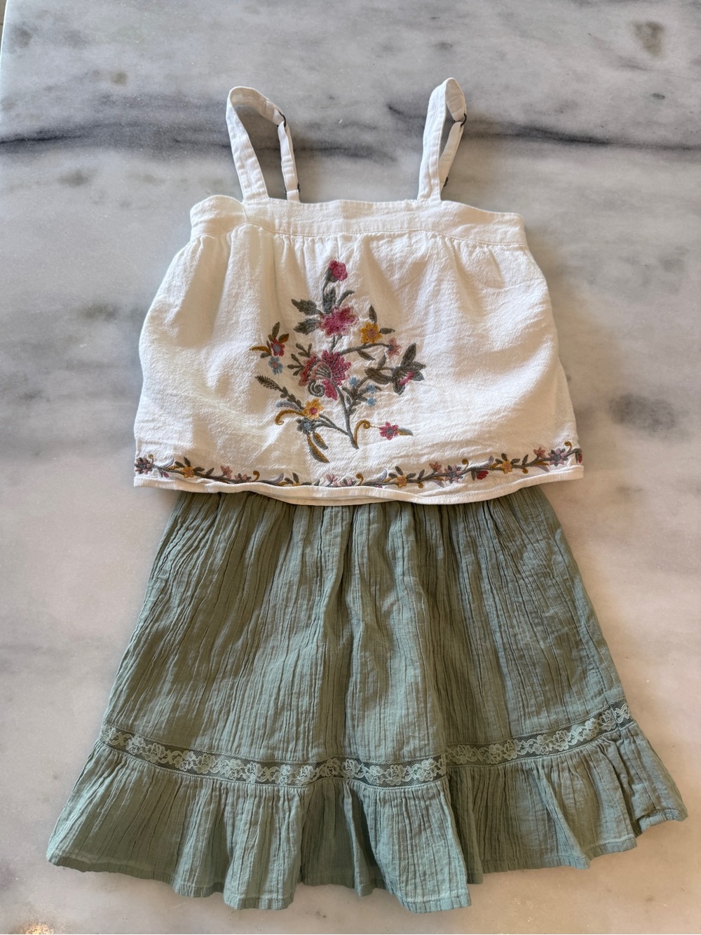 abercrombie kids White Embroidered Tank & Sage Green Skirt Set